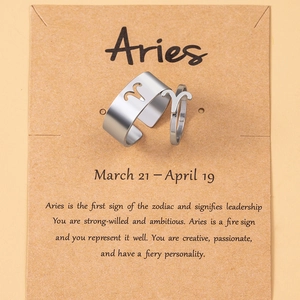Aries zodiac couple rings set in silver stainless steel on detailed packaging card
