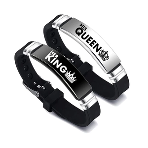 Detail of adjustable couple bracelets with His Queen and Her King crown engraving