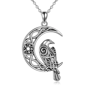 Retro Alloy Crescent Moon Raven Pendant Necklace Gothic Celtic Knot Pentagram Crow Animal Jewelry For Unisex Gift