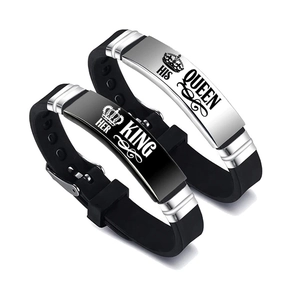 Detail of Her King and His Queen engraved silicone and stainless steel bracelets