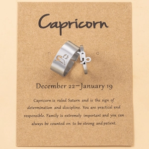 Macro shot of Capricorn zodiac ring set with matte silver finish on a kraft card display