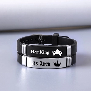 Her King and His Queen stainless steel silicone couple bracelets with crown charms