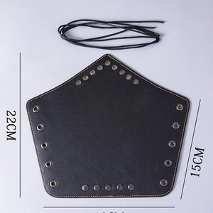 Close-up of leather bracer with metal rivets and size dimensions 22cm x 15cm x 18cm