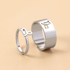 Detail of Capricorn zodiac rings for couples in polished silver stainless steel