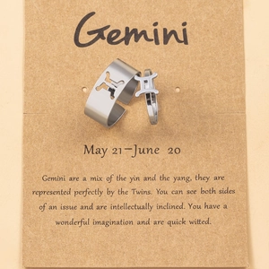 Detail view of Gemini zodiac ring set in silver steel on a vintage display card