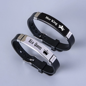 Couple Stainless Steel Silicone Bracelets Ring Set Her King His Queen Crown Letter Engraved Adjustable Wristband Romantic Jewelry