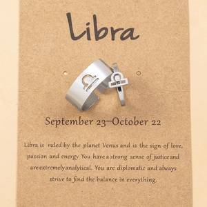 Detail of Libra zodiac ring set with silver stainless steel finish and description card