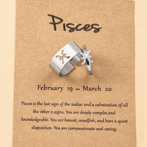 Detailed shot of Pisces zodiac ring set on a vintage brown display card with English text