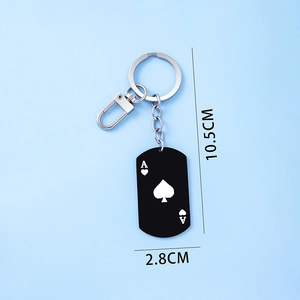Detail view of Ace of Spades dog tag keychain with lobster clasp measuring 10.5cm long