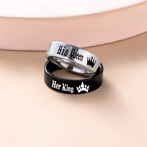 Detail of Her King and His Queen engraved stainless steel crown couple rings