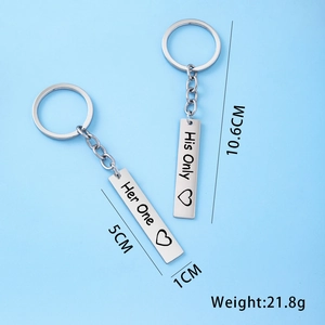 Close-up of His Only Her One couple keychains with dimensions 5cm x 1cm in silver steel