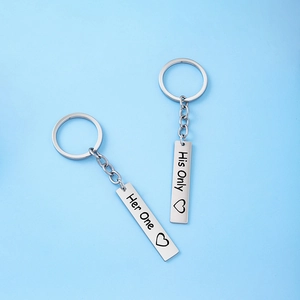Couples stainless steel keychain set with His Only Her One engraved rectangle tags