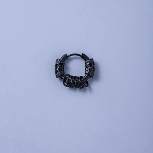 Men's black punk hoop earring with dangling rings and gothic carved dragon textures