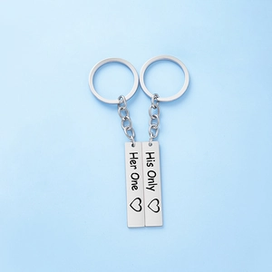 Detailed view of His Only and Her One stainless steel couple keychains with hearts