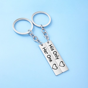 Pair of stainless steel couple keychains with Her One and His Only heart engravings