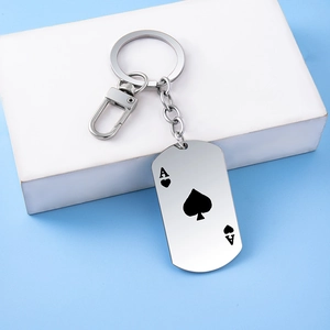 Detailed close-up of rectangular stainless steel keychain featuring Ace of Spades poker card design