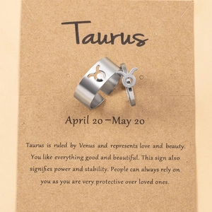 Detail of Taurus zodiac rings in silver steel with a themed description card
