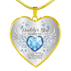 Collana Daddy's Angel con cuore, gemma blu, ali d'angelo e decorazione a farfalla
