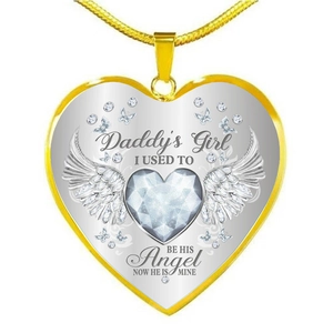 Collana cuore d'oro con pendente ala Daddy's Angel e pietra di zircone trasparente