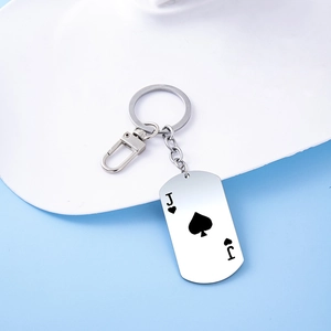 Polished stainless steel Jack of Spades poker dog tag keychain with lobster clasp link