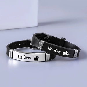 Couples crown bracelets set with Her King and His Queen engraved metal plates