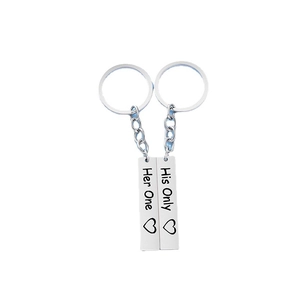 Stainless steel couple keychains set with Her One and His Only heart engravings