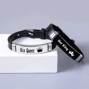 Couples crown bracelet set with His Queen and Her King engraving on stainless steel