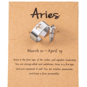 Aries zodiac ring set in stainless steel with hollow symbol on brown kraft card