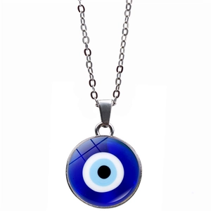 Turkish Blue Evil Eye glass pendant necklace with a fine silver stainless steel chain