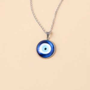 Turkish Blue Evil Eye glass pendant necklace with classic concentric circle design