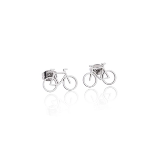 Minimalist silver bicycle stud earrings with hollow design on reflective white background