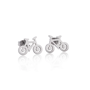 Minimalist stainless steel bicycle stud earrings with sleek cutout design on white background