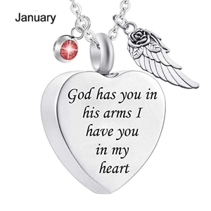Detail of heart urn necklace with January birthstone and God has you in his arms engraving