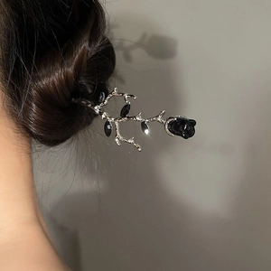 Silver branch hair pin with a black rose flower in a vintage Chinese style aesthetic