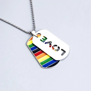 Rainbow pride dog tag necklace with LOVE cutout and silver bead chain for jewelry