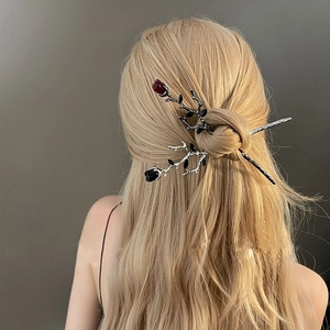 Gothic rose flower hair stick set in silver metal with dark red and black floral accents