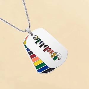 Macro shot of double-layer stainless steel pendant with rainbow stripes and Bubble cutout