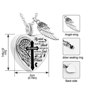 Silver stainless steel heart urn necklace with cross engraving and angel wing charm
