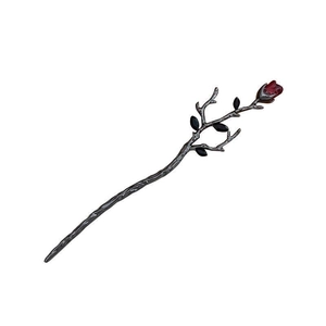 Gothic rose twig hair pin in dark alloy with a ruby red rosebud and black leaves