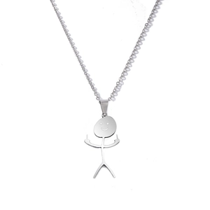 Funny doodle necklace with middle finger stick figure pendant in polished silver steel