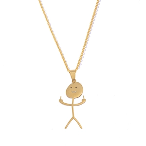 Funny gold stickman necklace with middle finger gesture pendant on white background