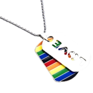 Stainless steel rainbow pride dog tag necklace with LOVE cutout on a silver bead chain
