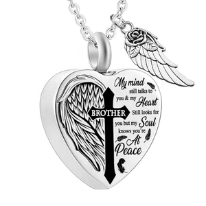 Silver heart urn necklace for brother with angel wing and engraved memorial poem