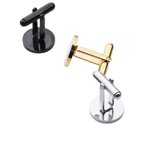 Polished stainless steel round cufflinks in black, gold, and silver finishes