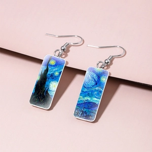 Van Gogh Ölgemälde Rechteckige Anhänger Ohrringe Vintage Legierung Glas Künstlerische Hängeohrringe Für Damen Kunstschmuck