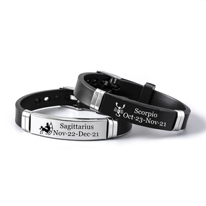 Zodiac silicone bracelets with engraved Sagittarius and Scorpio stainless steel plates