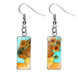 Ohrhänger mit Van Gogh Sonnenblumen Rechteck Anhänger und silbernen Haken aus Glas