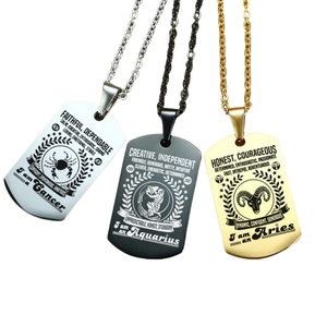 Drei Sternzeichen-Hundemarken-Halsketten aus Edelstahl in Silber, Schwarz und Gold