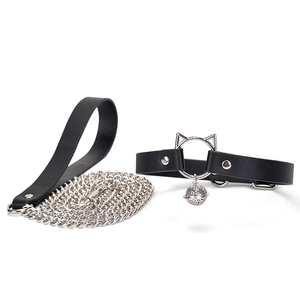 Black faux leather cat bell collar and leash set with silver cat-ear metal ring and bell