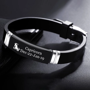 Capricorn zodiac stainless steel and black silicone bracelet with adjustable buckle
